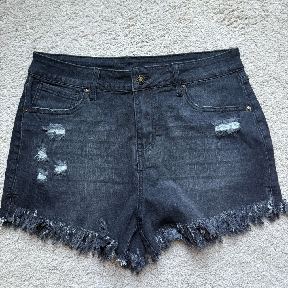 Distressed Black Denim Shorts